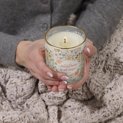 Christian Art Gifts Grapefruit Grove Scented Candle: Proverbs 17:17 Bible Verse, Soy Wax, Pure Essential Oils, Floral Design Glass Jar, Friendship Gift for Women, 40 Hours Burn Time
