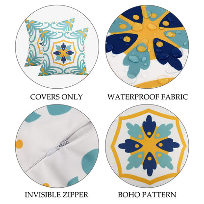 Outdoor Waterproof Throw Pillow Covers Set of 4 Floral Printed and Boho Farmhouse Outdoor Pillow Covers for Patio Funiture Garden 20x20 Inch Blue
