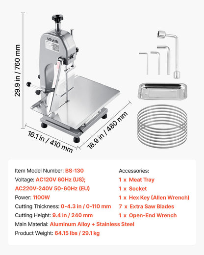 VEVOR Commercial Electric Meat Bandsaw, 1100W Bone Sawing Machine with 12.4" x 18.1" Workbench, 0-4.3" Cutting Thickness, 7 Extra Replacement Blades, for Cutting Bone, Frozen Meat, Pork, Beef & Ribs