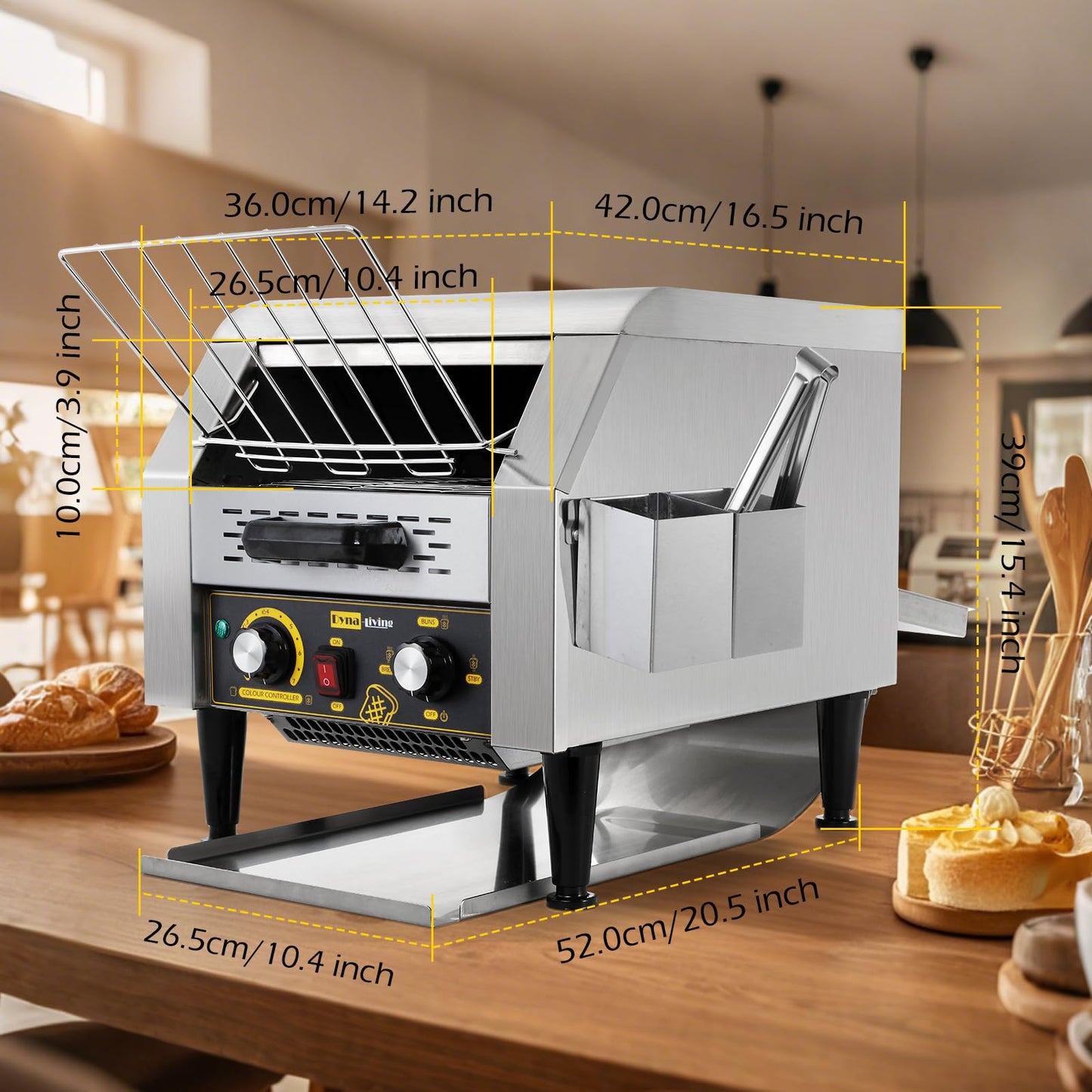Dyna-Living Commercial Conveyor Toaster 300 Slices/Hour, Electric Conveyor Belt Toaster for Restaurant, 1900W Heavy Duty Stainless Steel Conveyor Toasters for Bun Bagel Bread