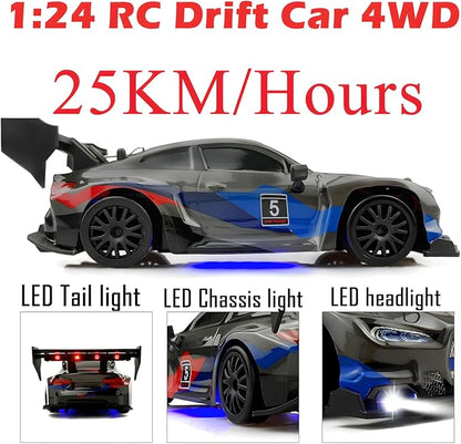 RC Drift Car 2.4GHz 1:24 Scale 4WD 25KM+/H High Speed Model Vehicle with LED Lights Drifting Tire Racing Sport Toy Car for Adults Boys Girls Kids Gift (Black)