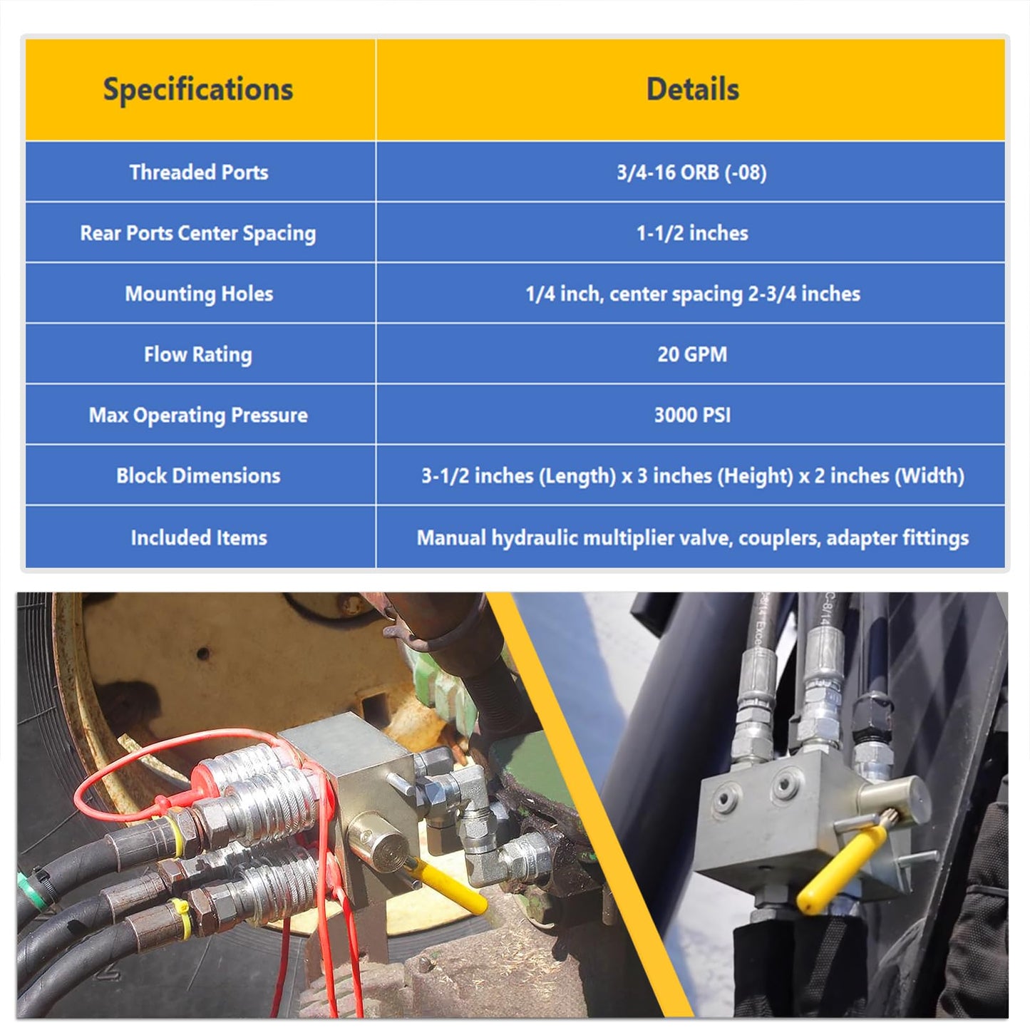 Manual Hydraulic Multiplier, SCV Splitter/Diverter Valve with Couplers and Ag Fittings - 20 GPM Flow, 3000 PSI Max Pressure，Expand Your Hydraulic Control with Ease