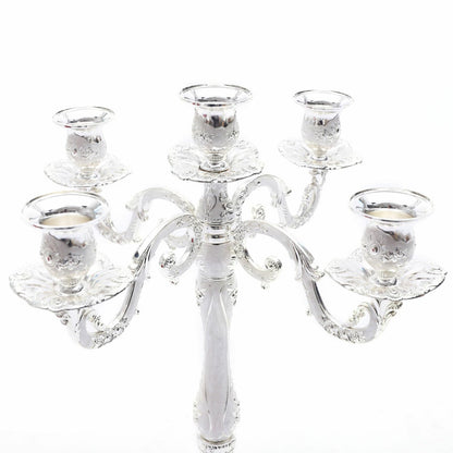 Headery Elegant 14.56”H Mental Tall Candelabra,5 Arm Candle Holder Candlestick Holder, Taper Candle Holder with Three-Dimensional Carving for Wedding Dinner Party Chrismas Ceremony Home Decor(Silver)