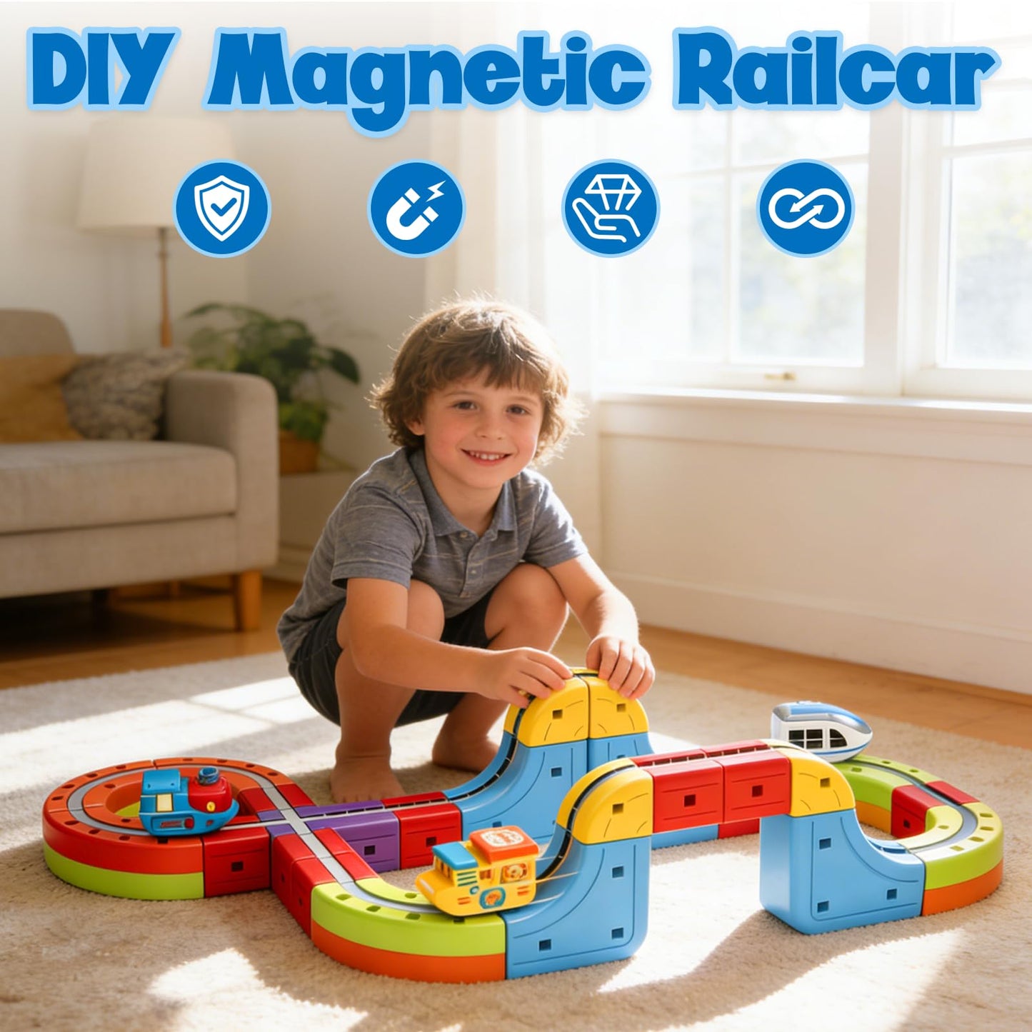 3D Infinity Cube Track Magnetic Electric Train Set for Kids 4 6 7 8,Toy Vehicle Playsets for Toddlers 3-5 Train Set Learning Gift,88 Pcs/2 car