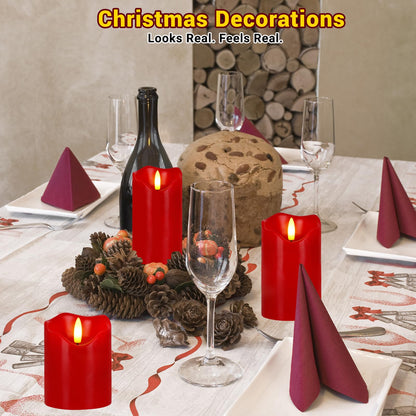 Flickering Flameless Candles, Set of 3 Red LED Candle Light with Remote & Timer, Battery Operated Electric Pillar Candle by Real Wax Dimmable Fake Candles for Valentine's Day Wedding Anniversary (Red)