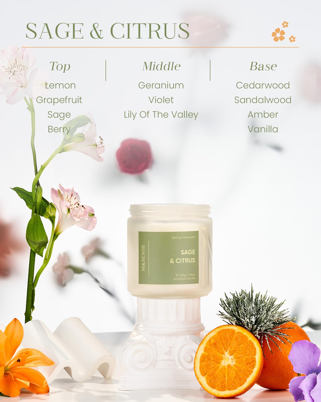 M&SENSE Sage Citrus Candles, 11.6oz Natural Soy Wax, 70 Hours Long Lasting, Non Toxic Clean Burning Candle for Home Scented, Fresh Smelling Aromatherapy 2 Wicks Glass Jar for Meditation Relaxation