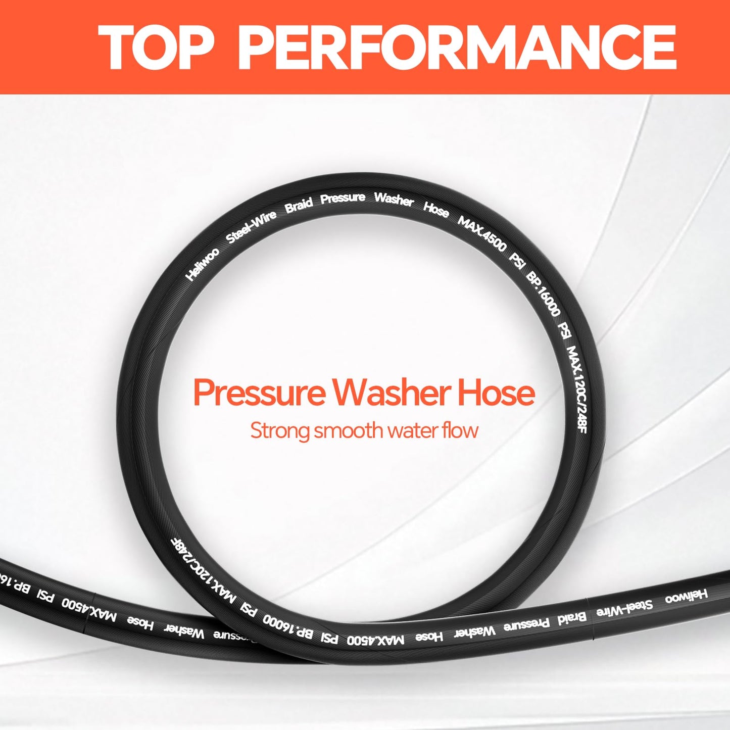 Heliwoo 3/8" Pressure Washer Hose 200 FT, Hot and Cold Water Power Washer Hose Max 248°F, Commercial Industrial Grade Steel Wire Braided Kink Proof Extension Hose -4500 PSI
