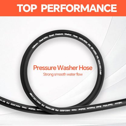 Heliwoo 3/8" Pressure Washer Hose 200 FT, Hot and Cold Water Power Washer Hose Max 248°F, Commercial Industrial Grade Steel Wire Braided Kink Proof Extension Hose -4500 PSI