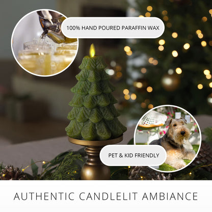 Luminara Flameless LED Candle - Christmas Tree Design with Glitter, Snow Finish, Battery-Operated, Flickering Flame, Timer & Remote - 4.7 x 6.5 - Green