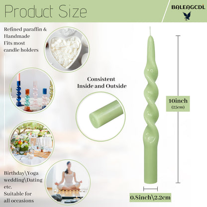 BALEAGCDL Twisted Taper Candle Green Spiral Candlesticks 10 Inch Unscented Handmade Smokeless Dinner Candles Set for Holiday Wedding Party Gift Home Decoration