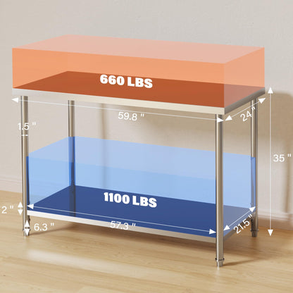 Garvee Stainless Steel Table, 60" x 24" NSF 2 Tier Prep Table with Adjustable Foot & Under Shelf, Heavy Duty Commercial Worktable for Restaurant, Home, Kitchen, Indoor, Outdoor