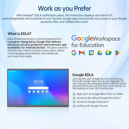 JAV Smart Board Interactive Whiteboard for Classroom Office Home, 4K UHD 8+128GB Touchscreen Smartboard with Built-in EDLA Licensed Android OS & Open App Ecosystem, Wi-Fi & Bluetooth