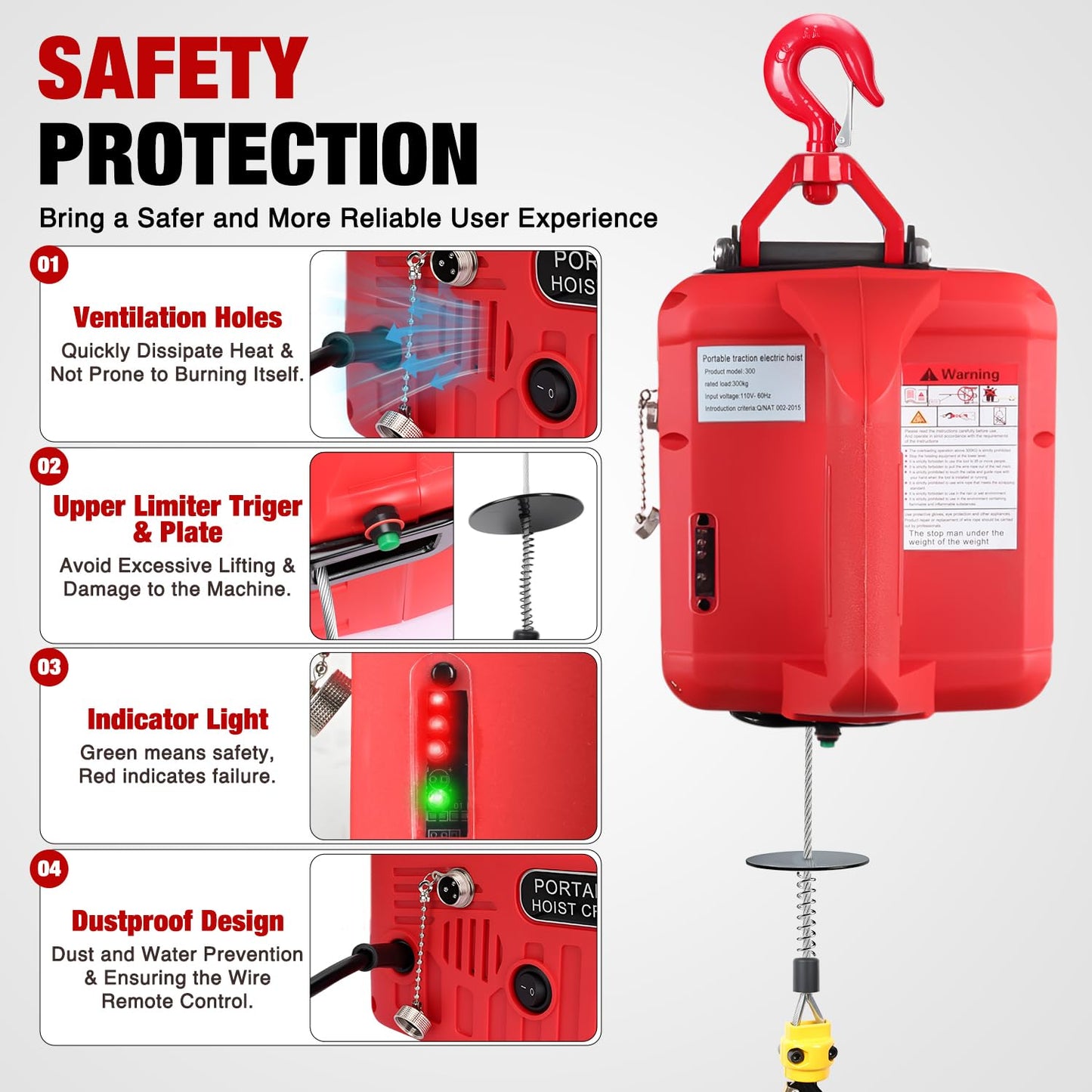 Nilight 3-in-1 Electric Hoist Winch, 660LBS 1500W Portable Power Winch Crane with Manual Wired Wireless Remote Control, 110V Electric Winch 33FT/Min Speed 39FT Height for Garage Warehouse Factory, Red