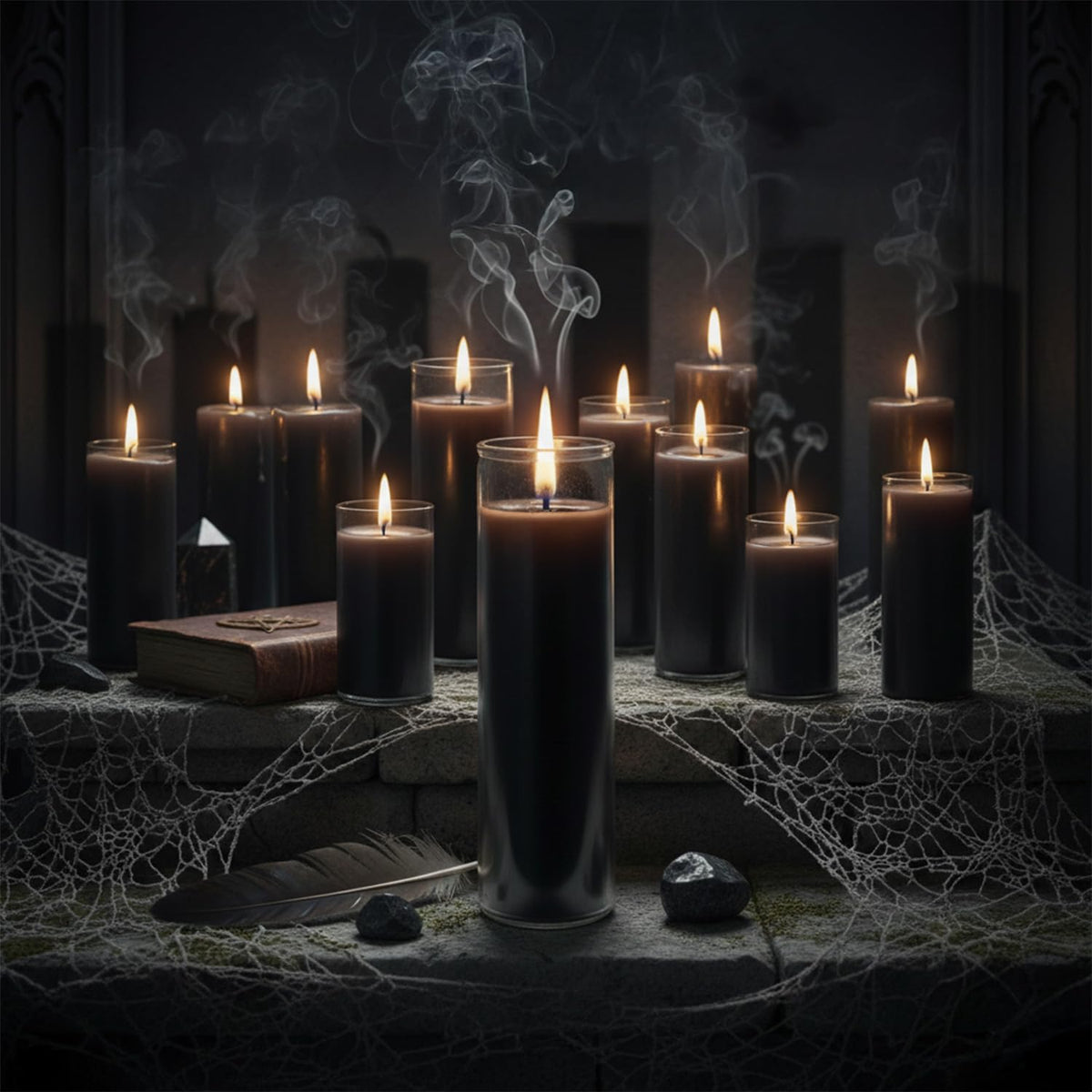 Black Glass Candle Set - 6 Pack Unscented Black Prayer Candles for Rituals, Spells, Magic, Pagan and Witchcraft Altars, Plus More | Bulk 8" Candle Kit