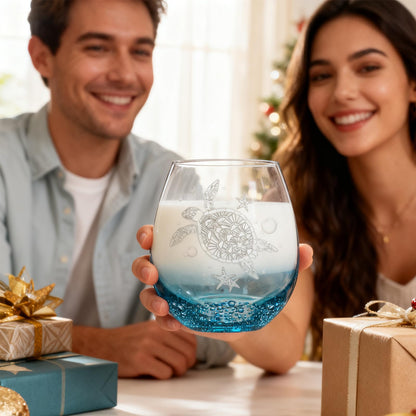 Sea Turtle Stemless Wine Glass - 19oz Hand-blown Blue Bubble Base Glassware-Unique Birthday Gifts for Women & Turtle Lovers-Coastal Ocean Decor for Beach House & Parties-Gift Box Included(Bubbly Teal)
