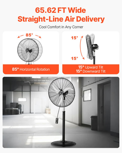 VEVOR Industrial Pedestal Fan, 30 Inch 85-Degree Oscillating Fan, Height Adjustable Standing Fans with 3 Adjustable Speeds, High Power Floor Fans for Office, Black