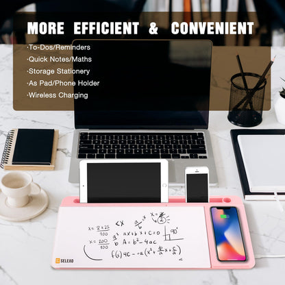 SELEAD Desktop Glass Whiteboard with Wireless Charger Station and Mirror, Desk Dry Erase Board Computer Pad Keyboard Stand with Organizer for Home, School, Office Accessories for Women, Pink