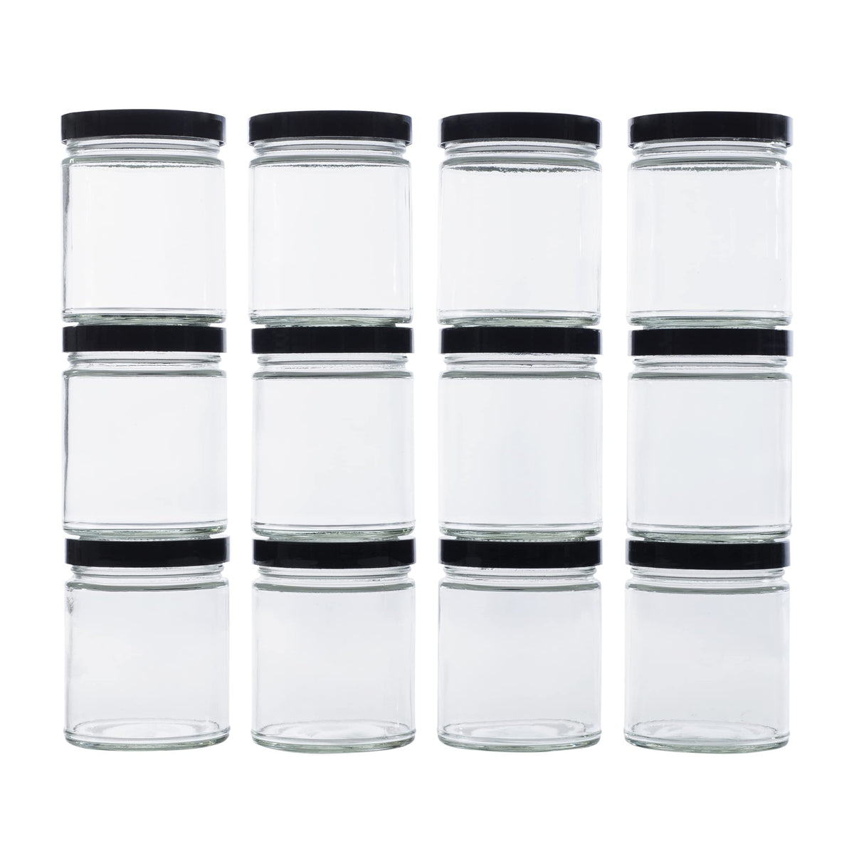 North Mountain Supply 9 Ounce Clear Glass Straight Sided Mason Canning Jars- With 70mm Black Plastic Lids - Case of 12