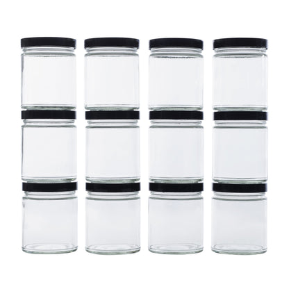 North Mountain Supply 9 Ounce Clear Glass Straight Sided Mason Canning Jars- With 70mm Black Plastic Lids - Case of 12