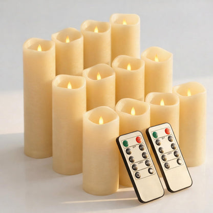 Waterproof Flameless Candles, 12 PC Battery Operated LED Pillar Candles with 2 Remote Controls & Timer, Flickering Indoor Outdoor Candles for Wedding, Patio, Easter, Bathroom, Home Decor, 4''5''6''
