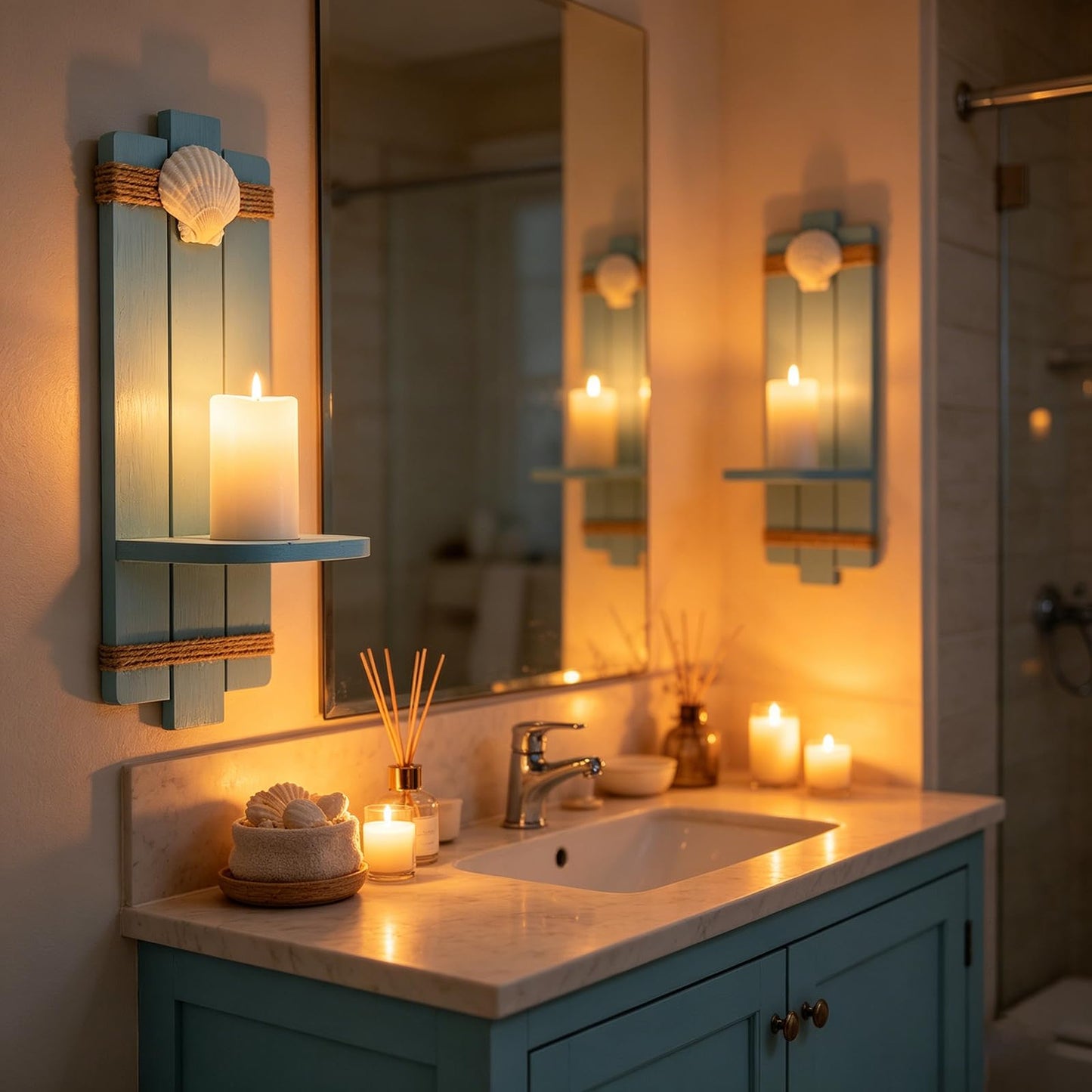 Meching Coastal Wall Candle Sconces Set of 2 Rustic Wooden Wall Mount Candle Holders Beach Shell Ocean Themed Decor Nautical Decorations for Bathroom, Living Dining Room Office﻿ (Blue)