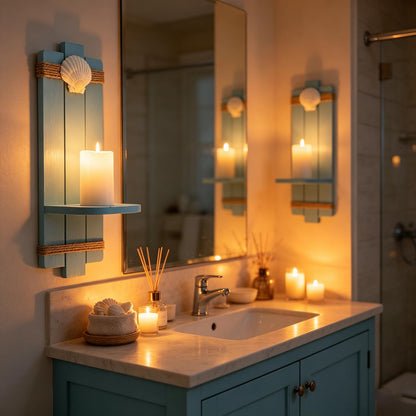 Meching Coastal Wall Candle Sconces Set of 2 Rustic Wooden Wall Mount Candle Holders Beach Shell Ocean Themed Decor Nautical Decorations for Bathroom, Living Dining Room Office﻿ (Blue)
