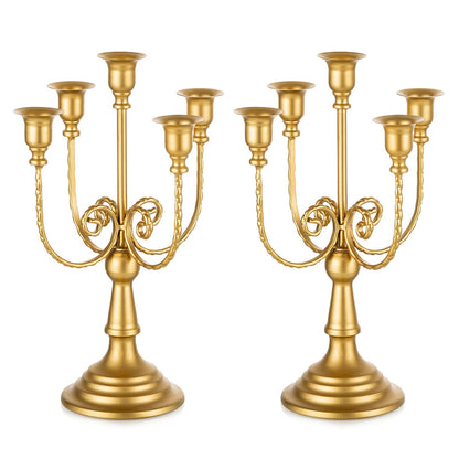 Romadedi Candelabra Gold Candle Holders - 5 Arm 11.8" Wedding Candlestick Holder for Theme Party Table Centerpiece Decor Dining Room Birthday Holiday Christmas, Set of 2