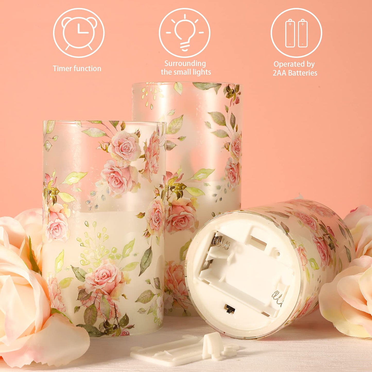 PETRISTRIKE Pink Flameless Candles with Remote Timer, Flickering Glass Candles, Love Themed Decor Battery Led Pillar Candles, Rose Table Ornaments for Mother Gifts,Valentine's Day, Centerpiece