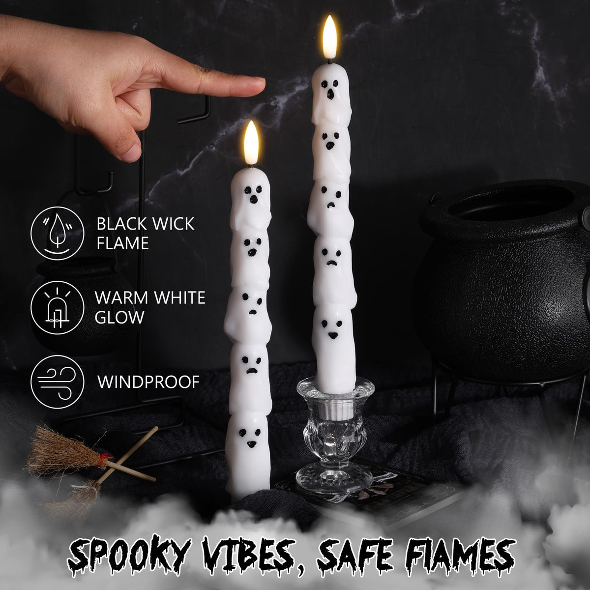 Eywamage Halloween Flameless Taper Candles with Remote, White Ghost LED Candlesticks Battery Operated Flickering Real Wax Set of 2