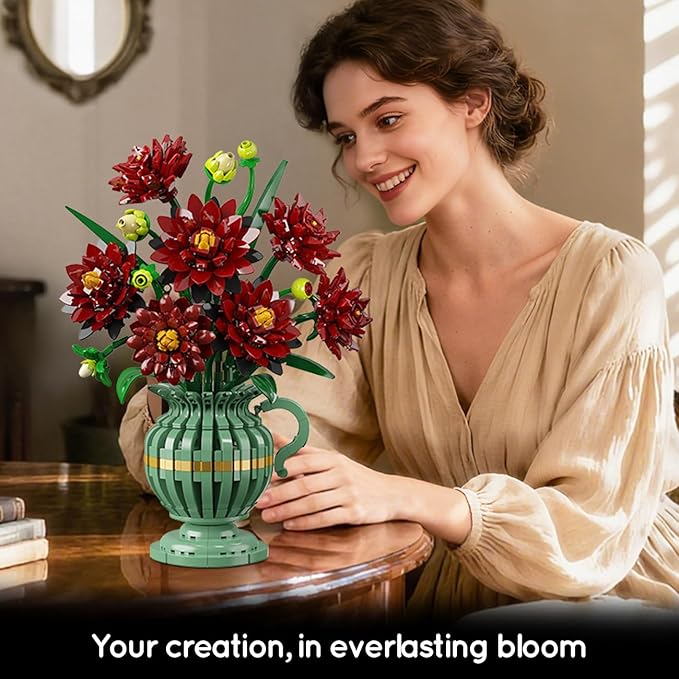 Dahlia Flowers Building Set with Vase Easter Flower Bouquet Botanical Collection Building Block Toy 1482 PCS Gothic Artificial Plant Bonsai Kit Gift for Her Adults Kids Girls 12+