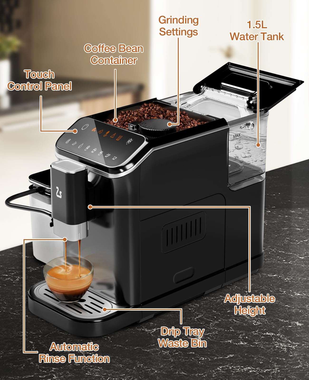 Super Automatic Espresso Machine & Coffee Maker, 20Bar Pressure, Built-in Conical Burr Grinder & Milk Frother, 6 One-Touch Recipes, Auto Clean, 1.5l Water Tank, for Home Office, 120v, Black&Silver