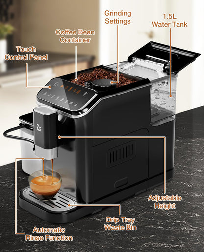 Super Automatic Espresso Machine & Coffee Maker, 20Bar Pressure, Built-in Conical Burr Grinder & Milk Frother, 6 One-Touch Recipes, Auto Clean, 1.5l Water Tank, for Home Office, 120v, Black&Silver