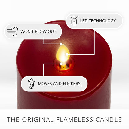 Luminara Flameless Flickering Melted Edge 3" x 6.5" Candle, Battery Operated & Timer Function, Remote Ready (Sold Separately), Unscented Paraffin Burgundy Wax LED Light Pillar, Christmas Holiday Décor