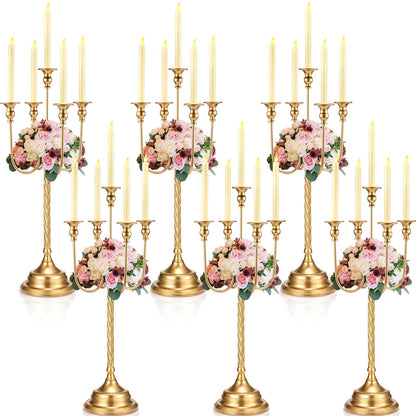 Rtteri 6 Pcs Gold Candelabra Candlestick Holder Metal Candle Stand Candelabra for Taper Candles Table Centerpieces Wedding Christmas Holiday Birthday Party (12.2 x 12.2 x 26.4 Inch,5 Arm)