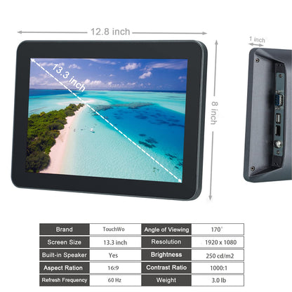 TouchWo 13.3 inch Capacitive Multi-Touch Screen Industrial Monitor, 16:9 Display 1920 x 1080P, Built-in Speakers, VGA & HD-MI Monitor for PC, POS, Small Business, Restaurant