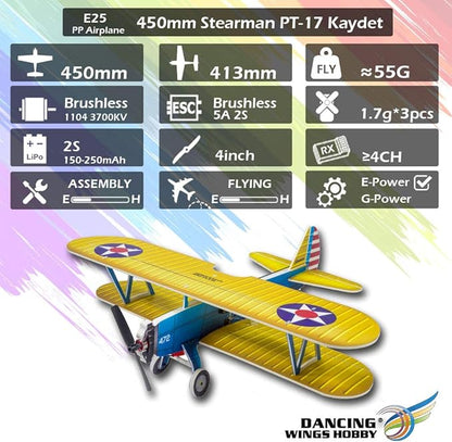 4CH Micro 450mm RC Foamy Indoor Outdoor Biplane Stearman PT-17 Kaydet (E2505-154E)