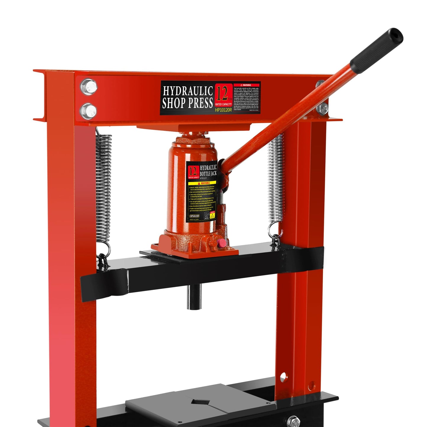 PULLAFUN Hydraulic Press, 12-Ton Benchtop Hydraulic Shop Press with Press Plates, H-Frame Garage Floor Press, Adjustable Working Table Height, Red