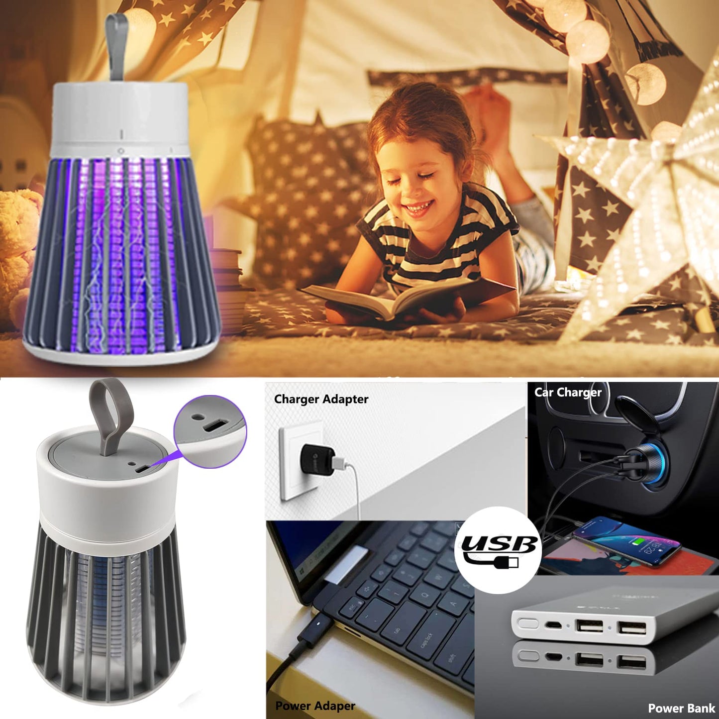 Bug Zapper Outdoor,Electric Mosquito Zapper Portable Camp Mosquito Killer,Rechargeable Indoor Fly Zapper,Electric Fly Zapper,Fly Traps,Flying Insects Zapper Indoor Outdoor (White)