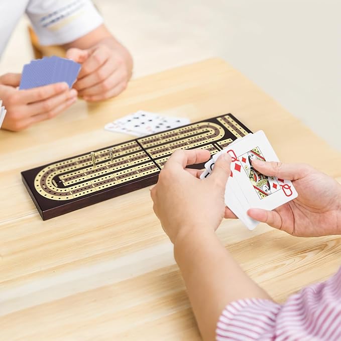 Foldable Wooden Cribbage Board Set - Elegant 3-Track Design with Magnetic Closure 9 Metal Pegs Full Deck of Cards Perfect for Family Game Nights and Travel