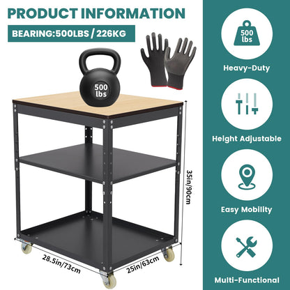 Planer Stand,Height Adjustable Planer Table with Wheels, 500 lbs Load Capacity Three-Tier Storage Tool Stand for Planers, Miter Saws, Table Saws, and Power Tools