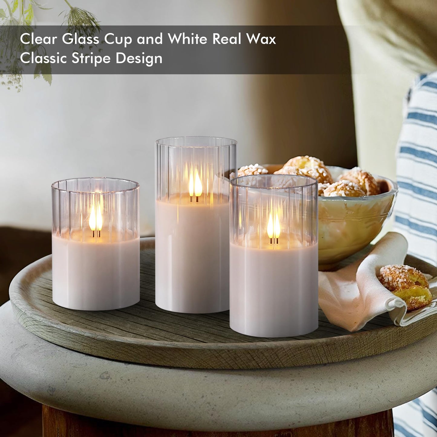 Rhytsing Clear Ribbed Glass Battery Operated LED Candles with Remote, White Flameless Candle Gift Set with Timer for Weddings and Churches, Warm White Light- 6 Batteries Inclued - Set of 3