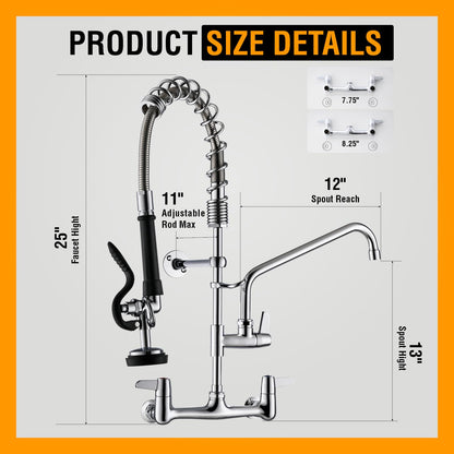 GIMILI Commercial Sink Faucet with Sprayer, 25" Height 8 Inch Center Pull Down Wall Mount Faucet for Restaurant, Kitchen, Industrial, Farmhouses Sink