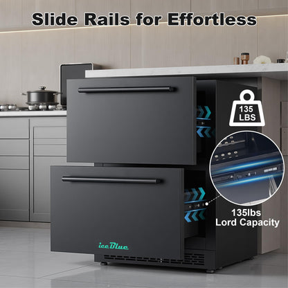 Iceblue 24 Inch Under Counter Drawer Fridge, Wine Fridge, Stainless Steel Freestanding Beverage Refrigerator, 34~50℉ Fast Cooling Wine Refrigerator for Home, Bar, Gift (Black)