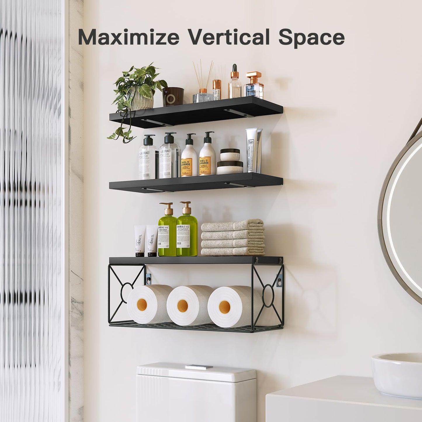 Amada Bathroom Shelves Over Toilet with Storage Basket, Floating Wall Shelves for Home Organization & Wall Decor, Bathroom/Kitchen/Living Room ShelvesBlack