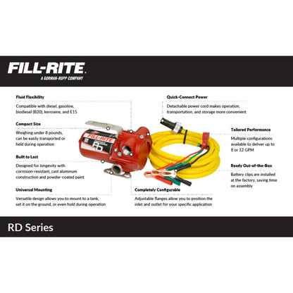 Fill-Rite RD812NH 12V 8 GPM Portable Fuel Transfer Pump w/Discharge Hose, Manual Nozzle, Power Cable/Clips, & Suction Hose