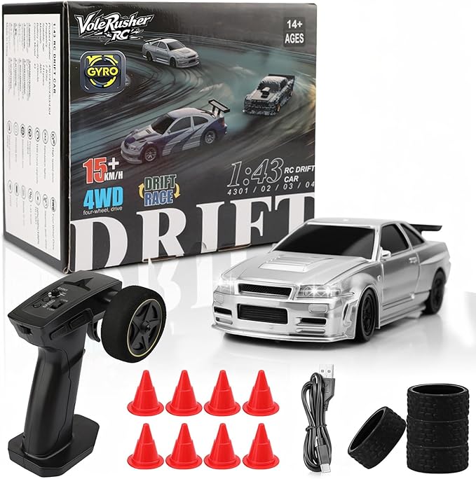 [2026 New Upgrade 1/43 Scale Mini RC Drift Car with Gyroscope Toys for Age 8-14 Old Birthday Gifts Micro Small with Full Proportional RTR 2.4GHz Remote 2 Tire Sets 8 Cones - Silver