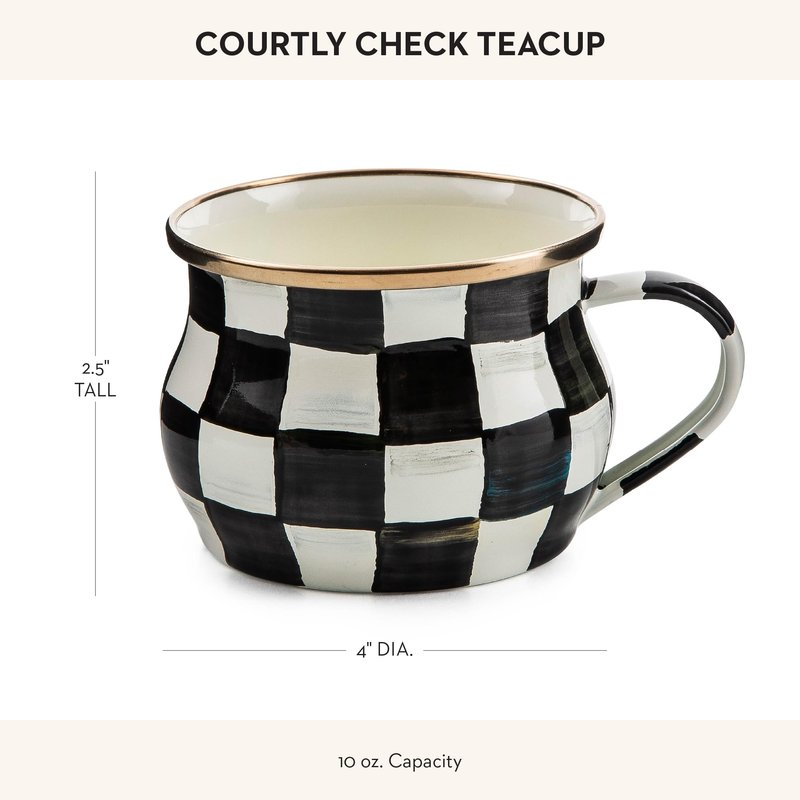 MACKENZIE-CHILDS Enamel Teacup, Unique Coffee and Tea Mug, Enamel Cup for Hot Tea, 10 Ounces, Brown-and-White Mocha Check