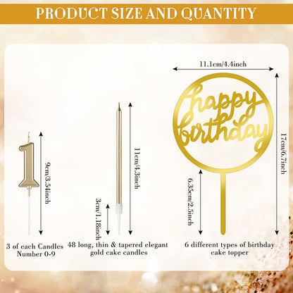 Shihanee 84 Pcs Birthday Cake Toppers Decorations Long Thin Metallic Birthday Candles Bulk Number Candles 0-9 DIY Cake Decor for Wedding Anniversary Party(Champagne)