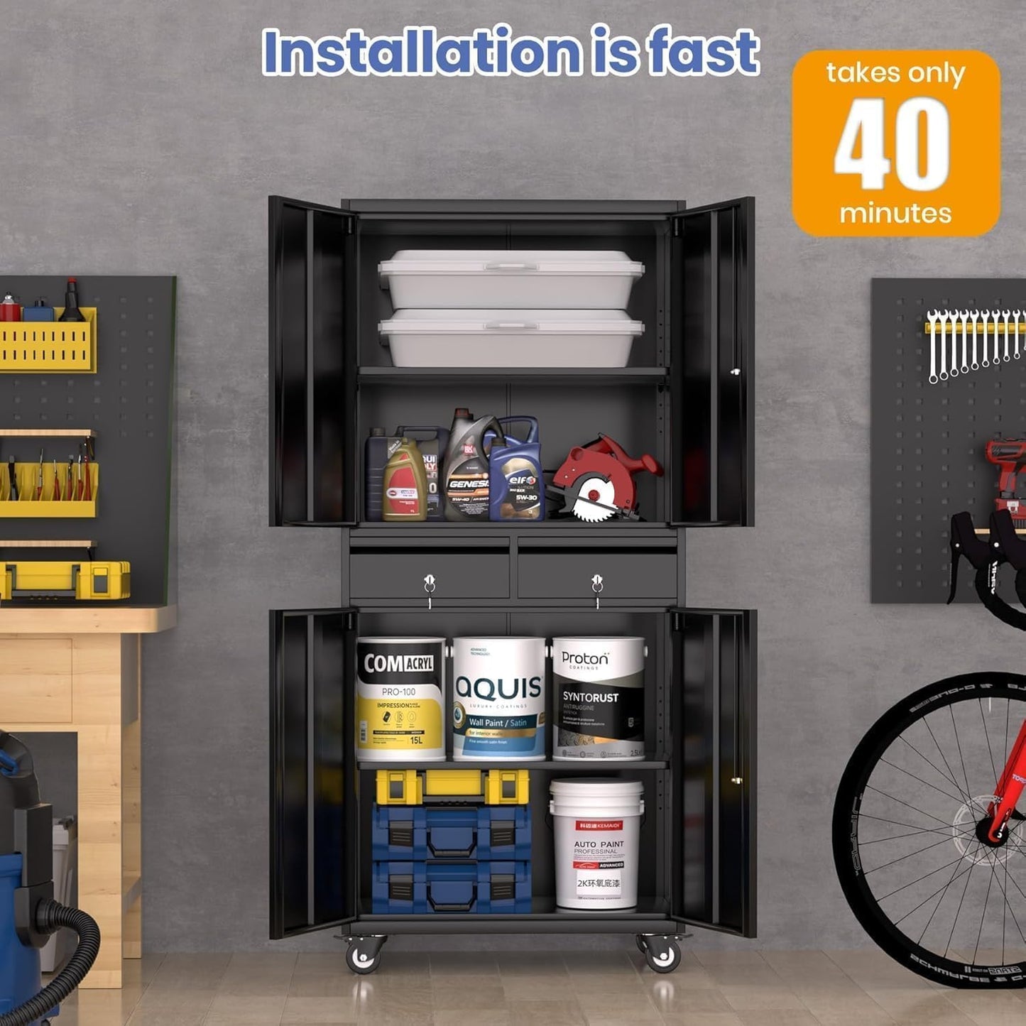 GarveeHome Garage Storage Cabinet, 73'' Metal Storage Cabinet with Wheels and Adjustable Shelves, Heavy Duty Storage Cabinet with Locking Doors and 2 Drawers for Office and Garage, Black