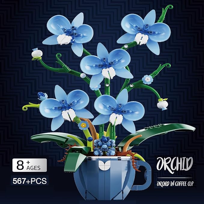 Blue Orchid Flower Building Set for Adults Coffee Cup Orchid Botanical Collection Plant Building Kit Home and Office Decor Gift for Christmas Day Valentines Birthday 567pcs